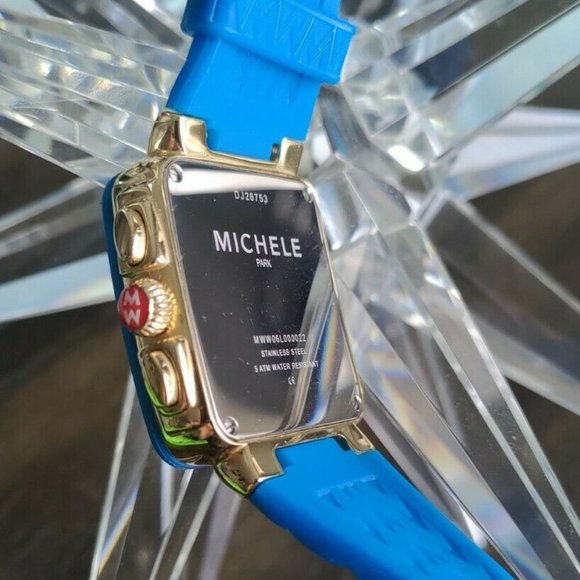 🤩SOLD🤩 Michele Watch Chronograph Park Gold & Blue Silicone 35mm Swiss Made - Picture 5 of 8